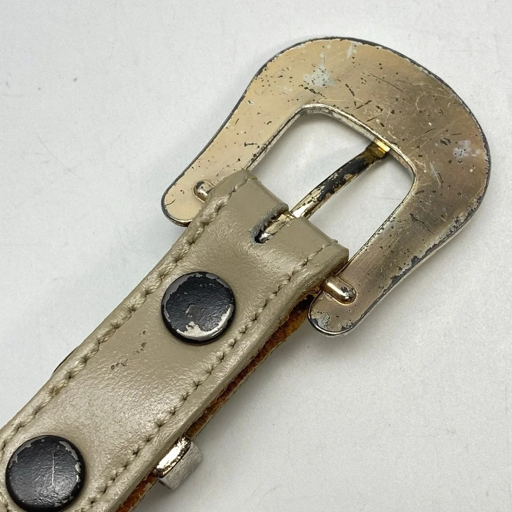 Vintage Southwest Style Belt Engraved‎ Buckle Rainbow Woven Fabric Beige Leather